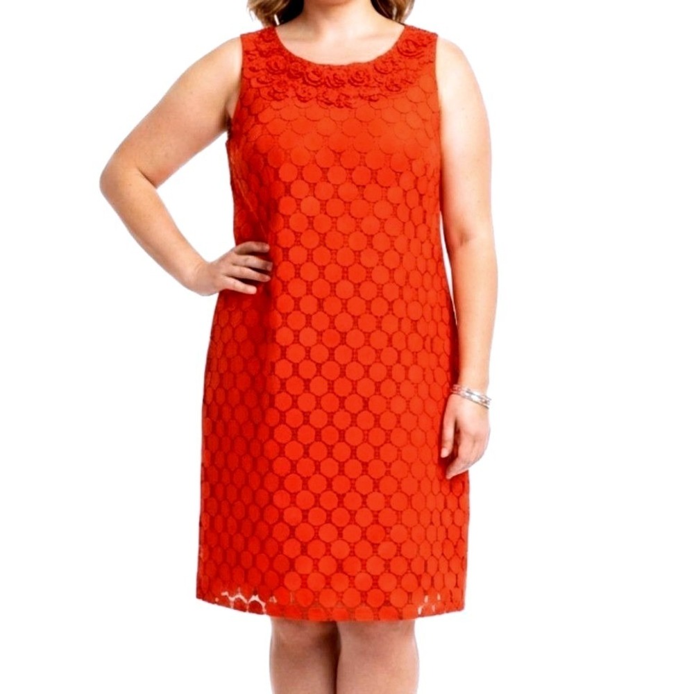 Peck & Peck Shift Dress Women 16 Bright Red Lace Floral Applique Sleeveless
